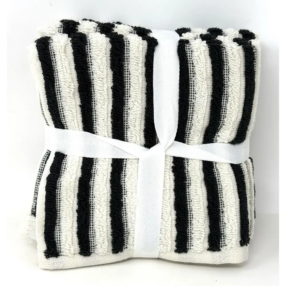 Rachel Zoe Black Ivory Off White Stripes Washcloths Plush 4 Face Cloths NWT